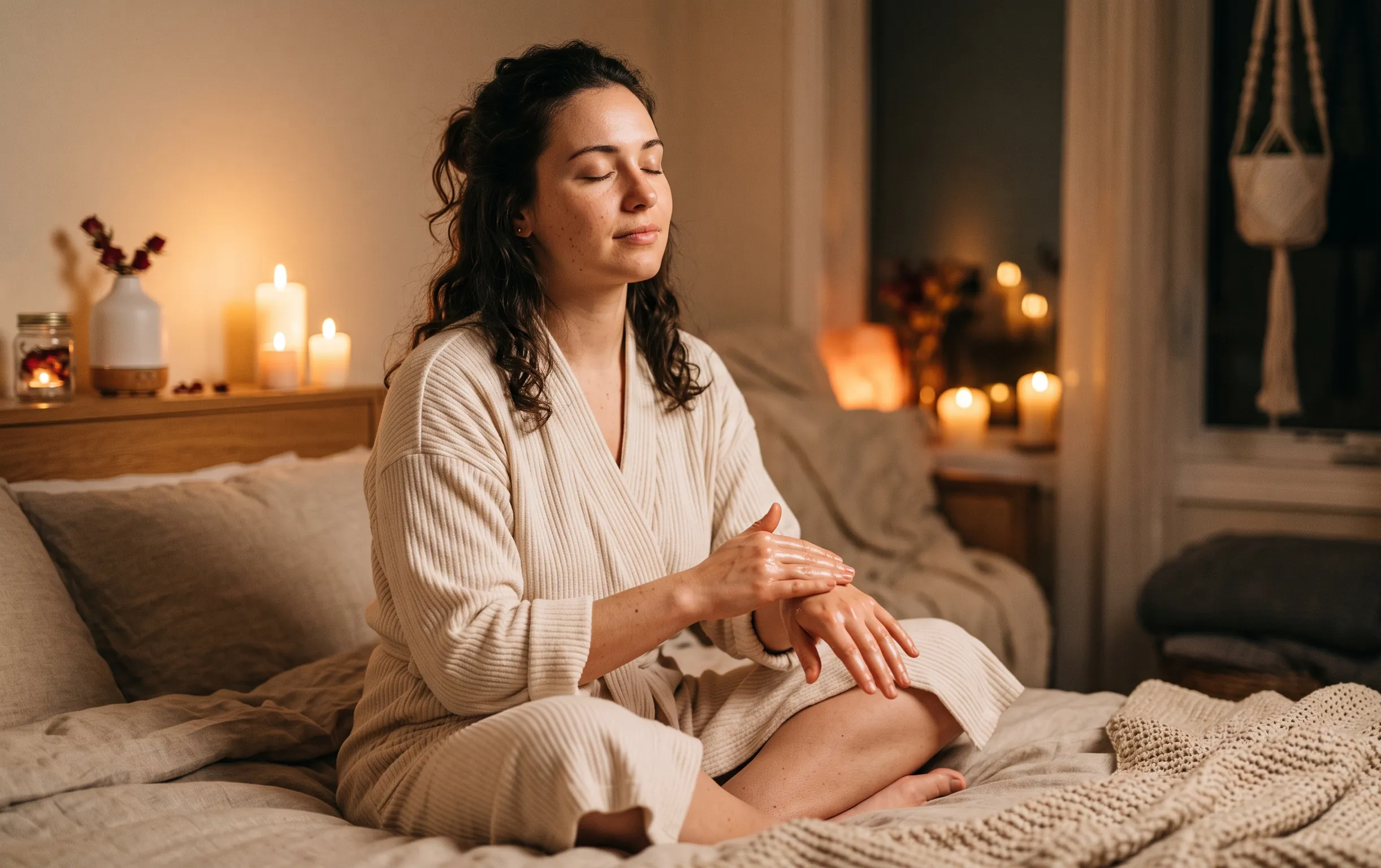 Oeuf de yoni : effet réel ou simple gadget intime ? 2 oeuf de yoni : Une femme sereine dans une ambiance tamisée aux bougies explorant son bien-être intime