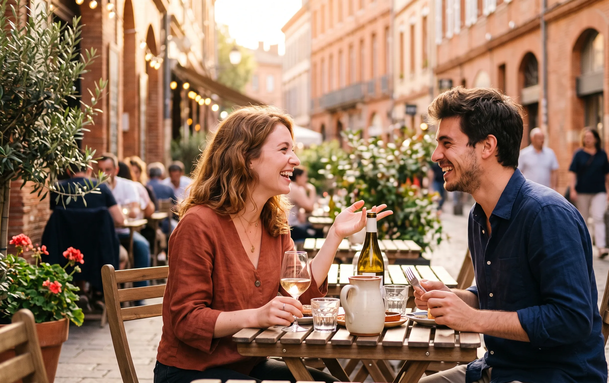 Cougar toulouse : où les rencontrer et scène locale 2 cougar toulouse : Deux personnes discutent et sourient à une table de café en extérieur sous le soleil couchant toulousain