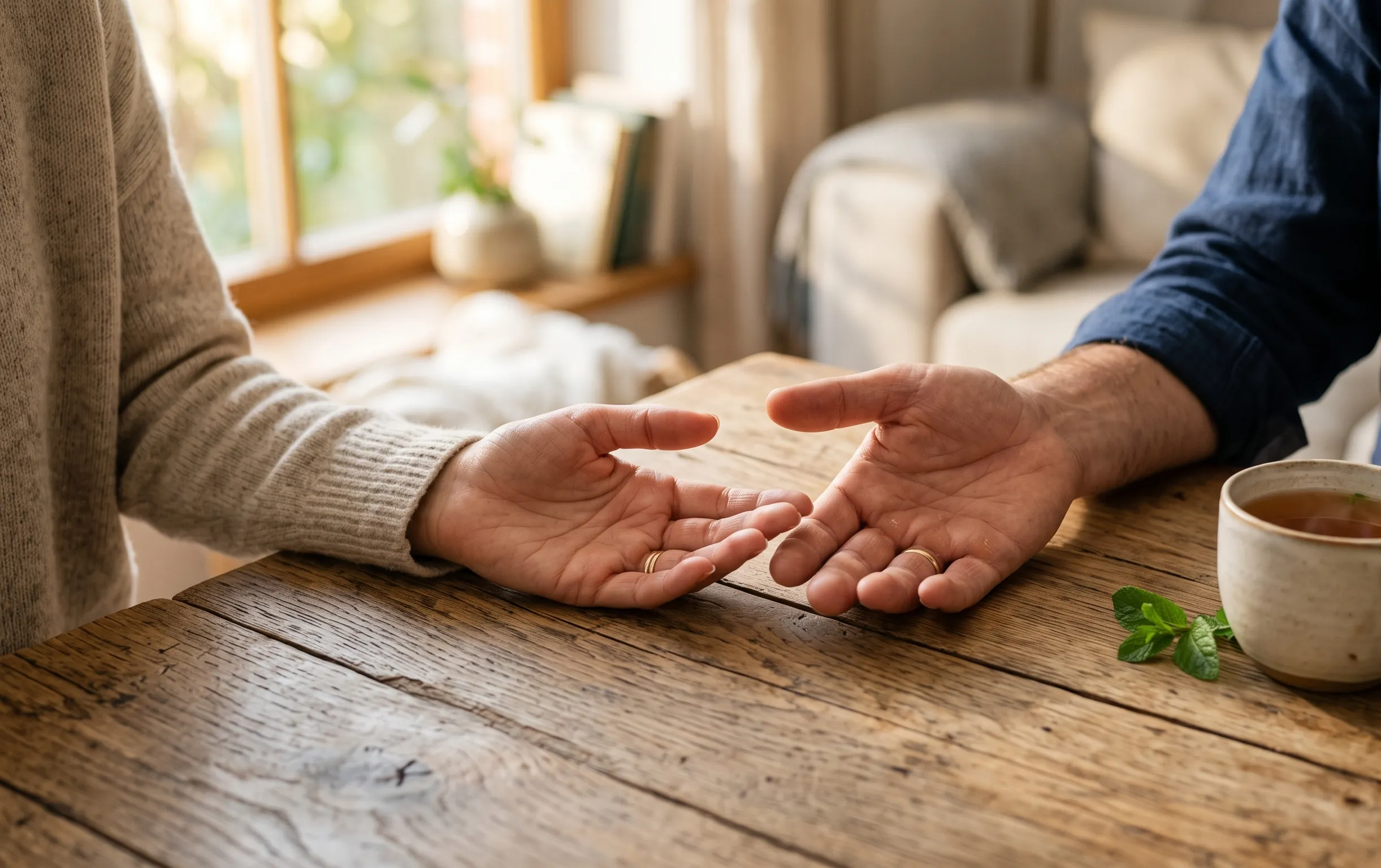 Les secrets d'une communication bienveillante 2 Deux mains posées sur une table en bois à côté d une tasse de thé dans une atmosphère apaisante et chaleureuse