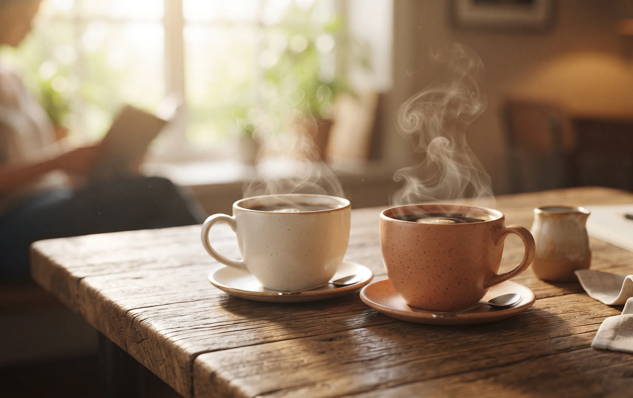 sujet de conversation avec une fille : Deux tasses de café fumantes posées sur une table en bois baignée d une douce lumière matinale