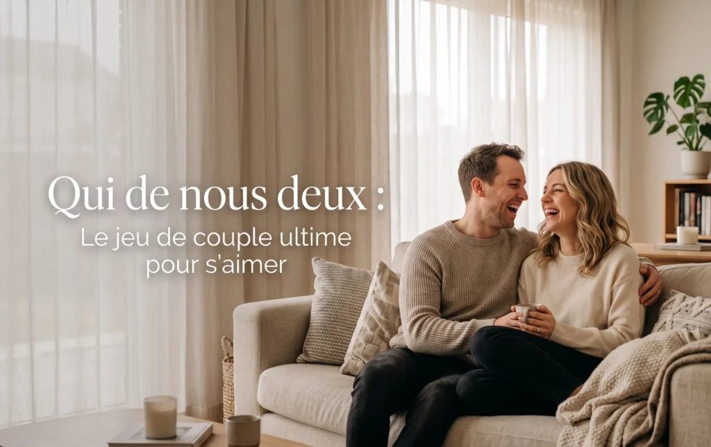 Qui de nous deux : Le jeu de couple ultime pour s'aimer 1 Un jeune couple complice rigole sur un canapé lumineux lors d une partie de jeu de couple