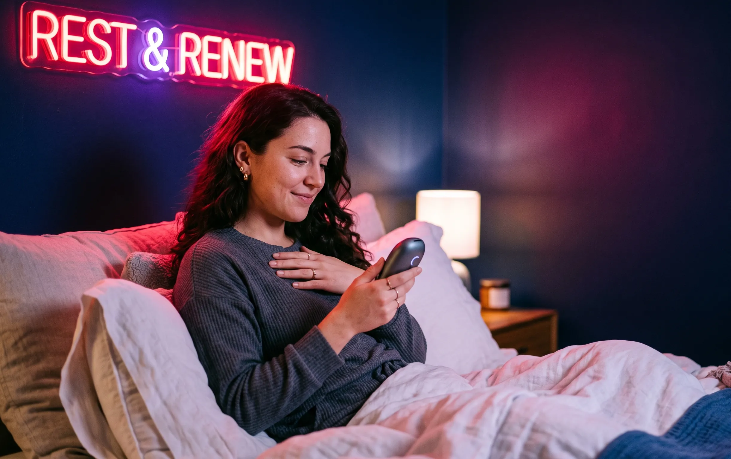 Une femme détendue dans une chambre éclairée par des néons rouge cerise avec son appareil de massage vibrant