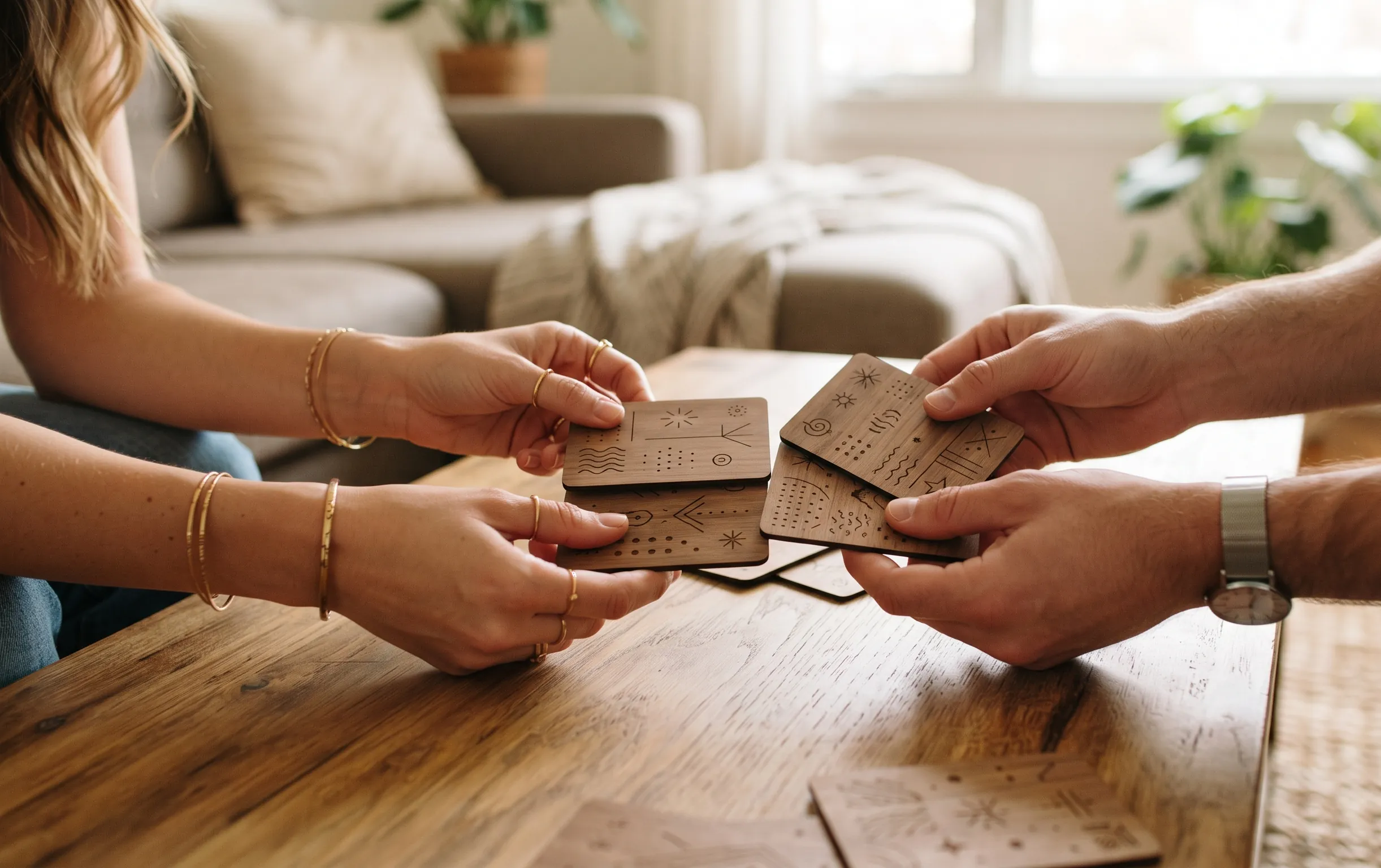 Qui de nous deux : Le jeu de couple ultime pour s'aimer 2 qui de nous deux : Deux mains tiennent des cartes en bois sur une table basse baignée de lumière naturelle