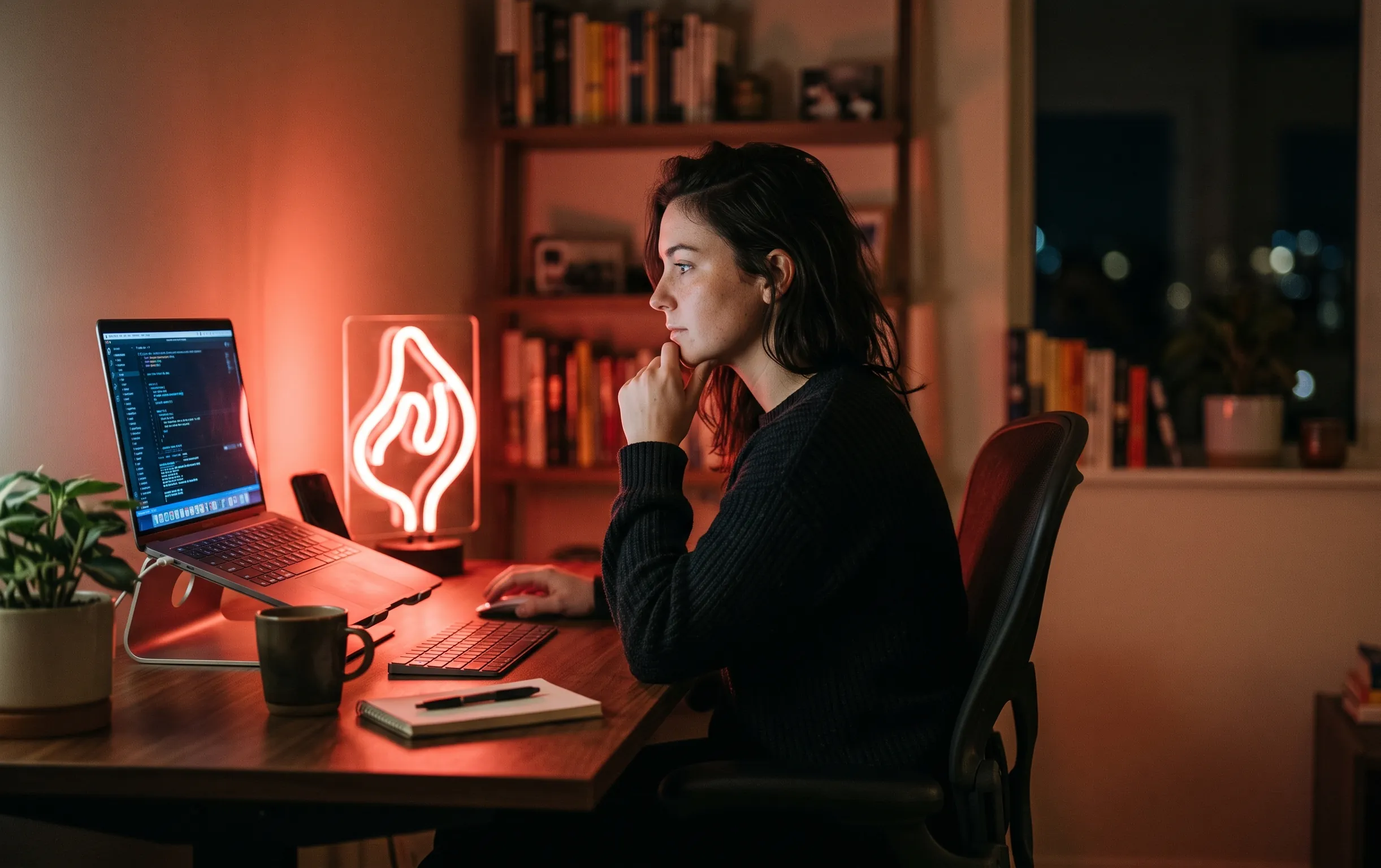 travestichat : Une personne assise à son bureau devant un ordinateur dans une pièce baignée de lumière rouge cerise