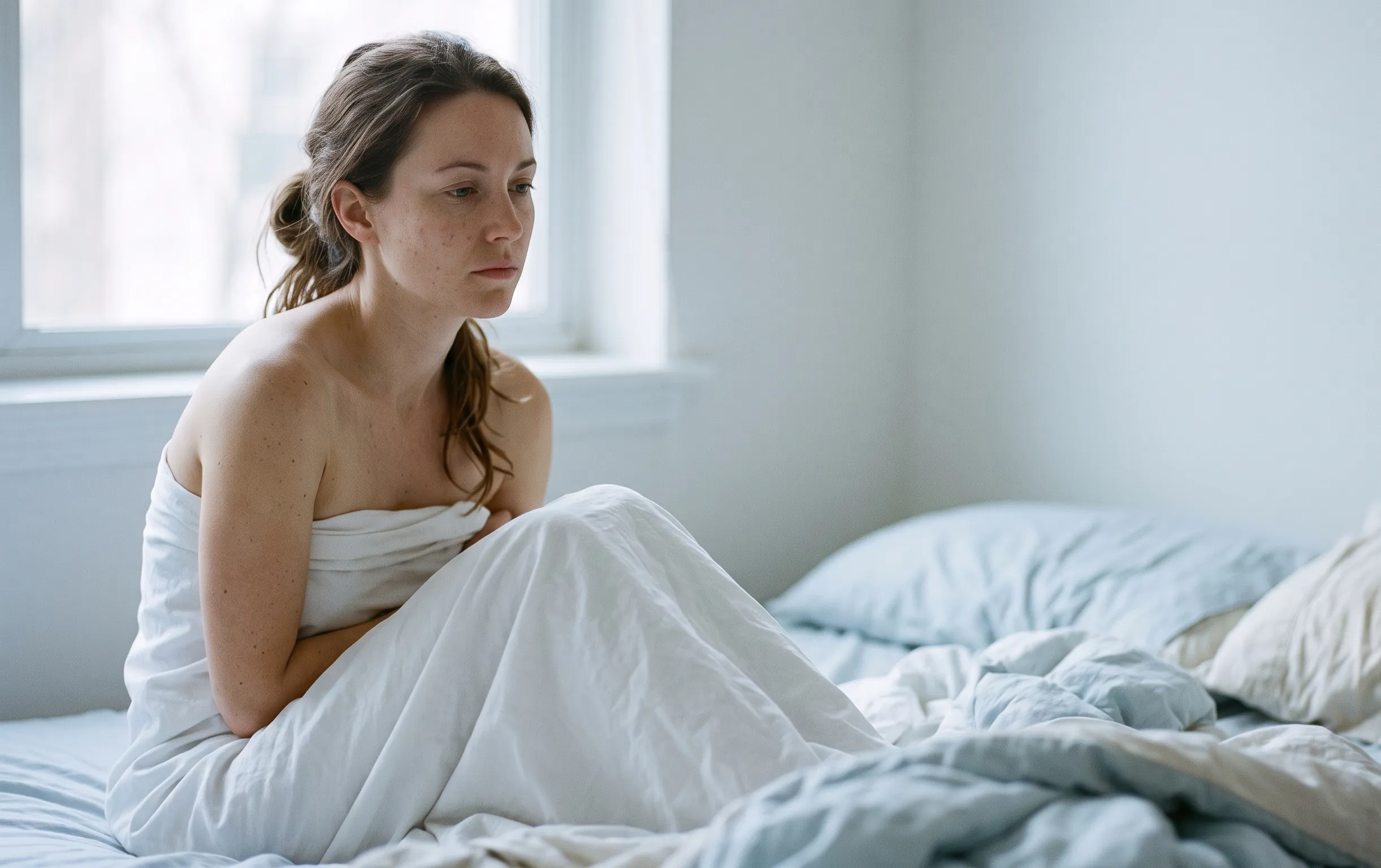 Vaginisme : dyspareunie ou blocage psychologique ? 2 vaginisme : Une femme enveloppée dans un drap blanc sur un lit aux tons bleus pâles du matin