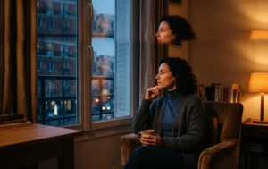 Une femme pensive regarde par la fenêtre dans une ambiance tamisée propice aux confidences en ligne
