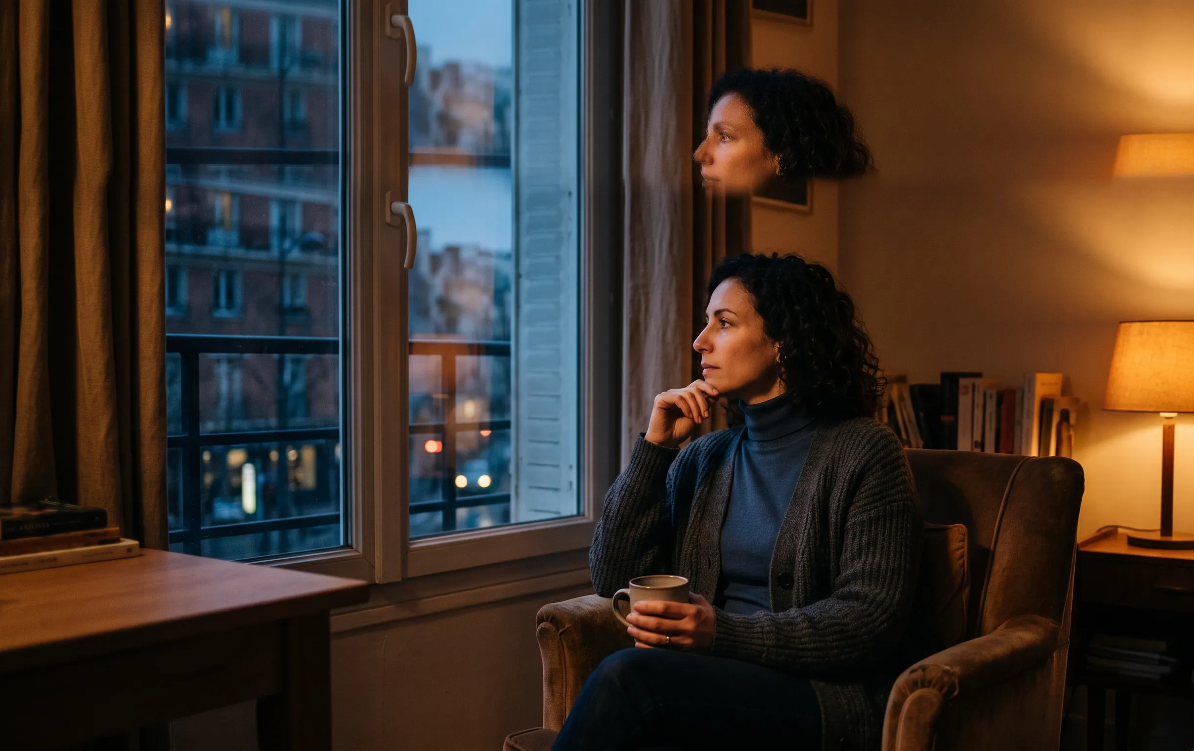 Voisins solitaires avis : faut-il vraiment s'inscrire ? 1 Une femme pensive regarde par la fenêtre dans une ambiance tamisée propice aux confidences en ligne