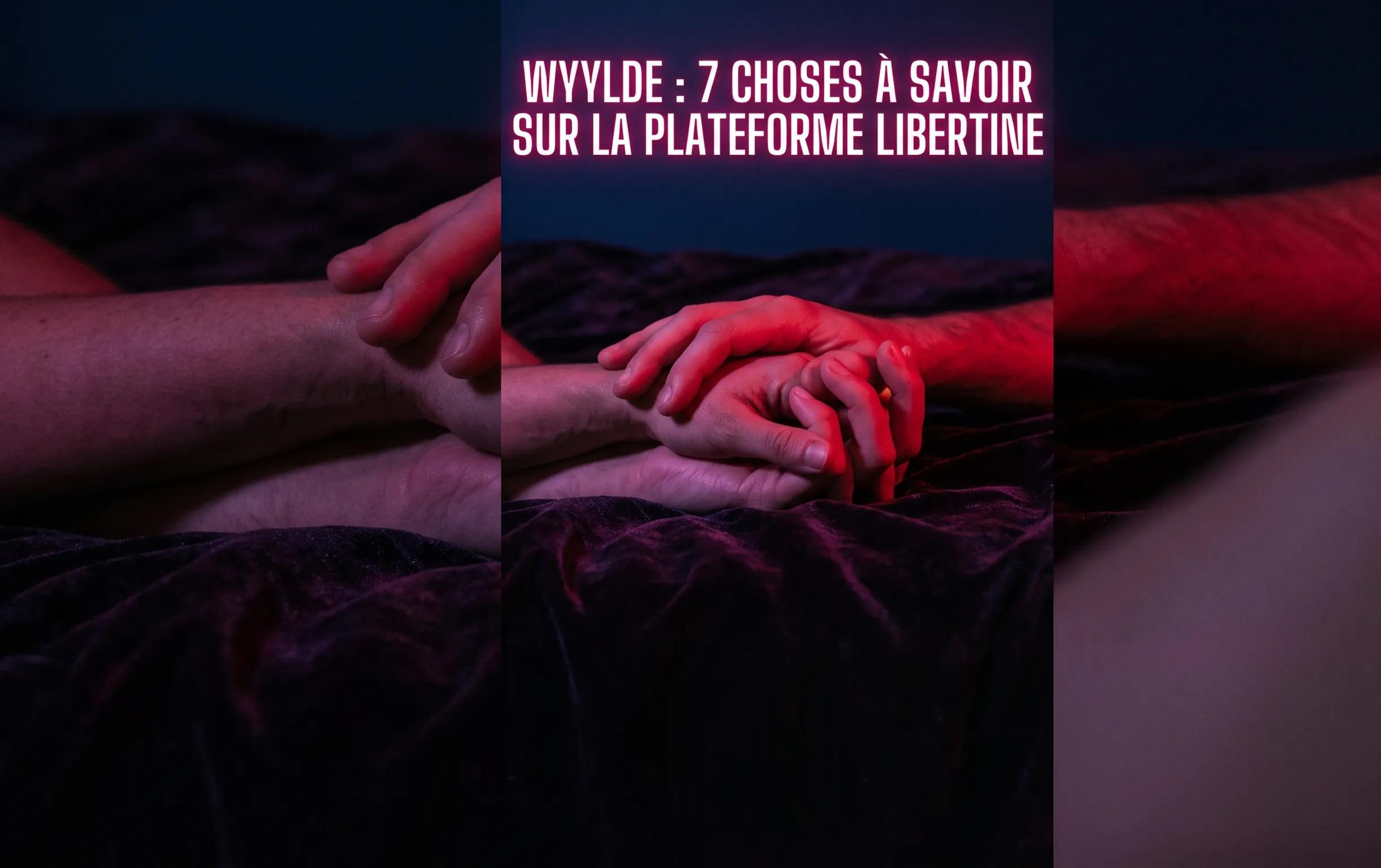 Deux mains enlacées sur des draps de velours dans une ambiance de néon cerise évoquant la plateforme libertine Wyylde